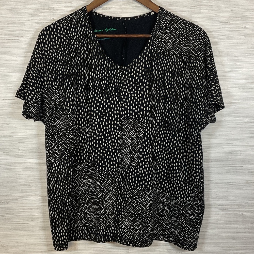 Gundrun Sjoden Organic Cotton Abstract Printed Cap Sleeve Tee Large Black Tan